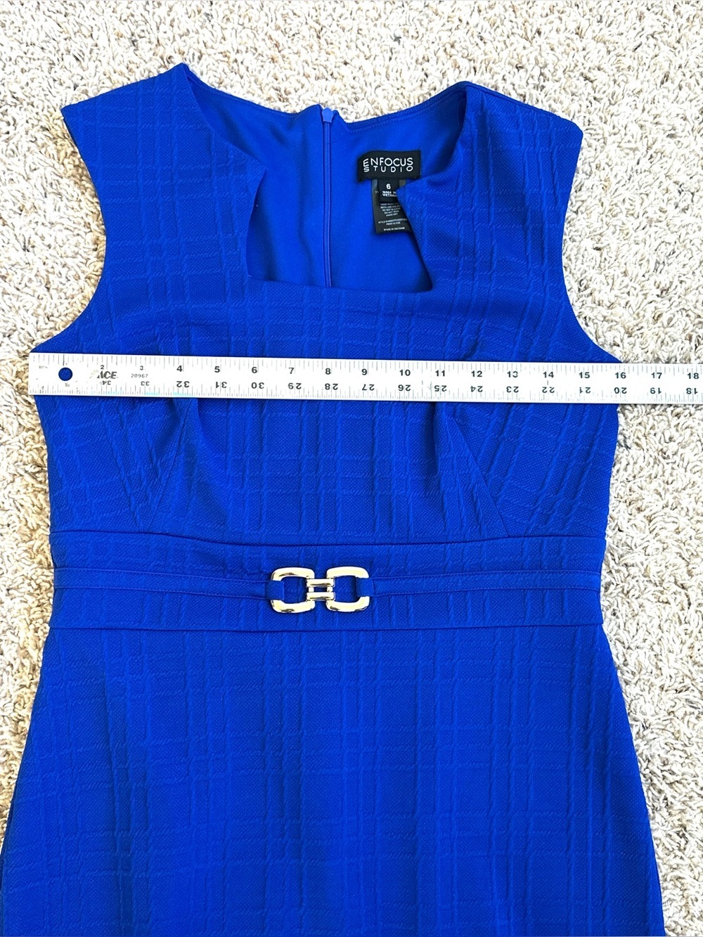 Enfocus Royal Blue Textured Sleeveless Gold Buckle Midi Dress Career Chic Sz 6 - Picture 9 of 10